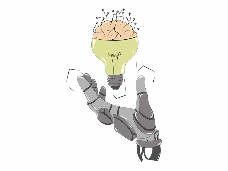 Illustration einer Glühbirne mit Gehirn als Symbol für künstliche Intelligenz, gehalten von einer Roboterhand vor dunklem Hintergrund.