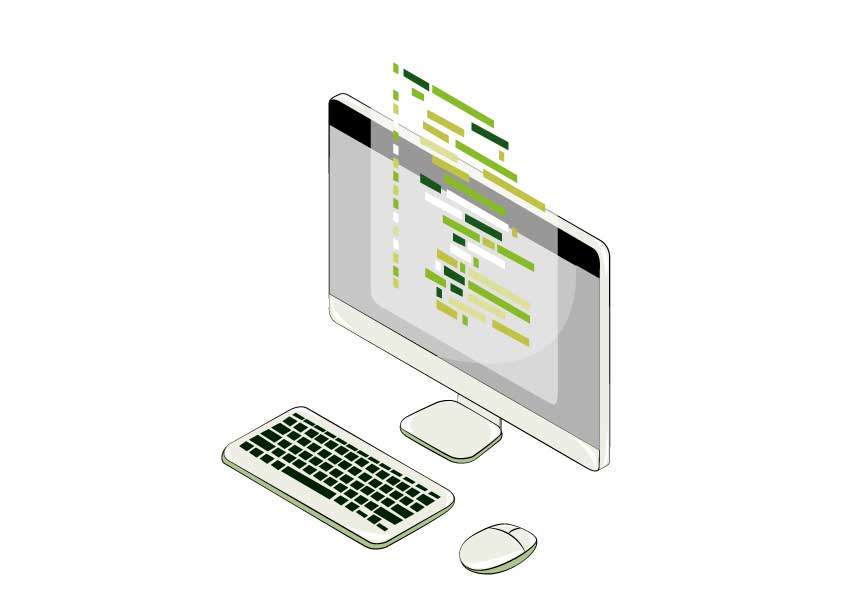 Grafik Visulisierung Online-PC mit Tastatur + Maus durchsucht das Internet nach Informationen